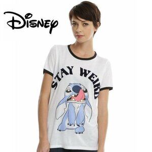 Disney "Stay Weird" Lelo and Stitch Graphic Tee size S navy trim white tee shirt